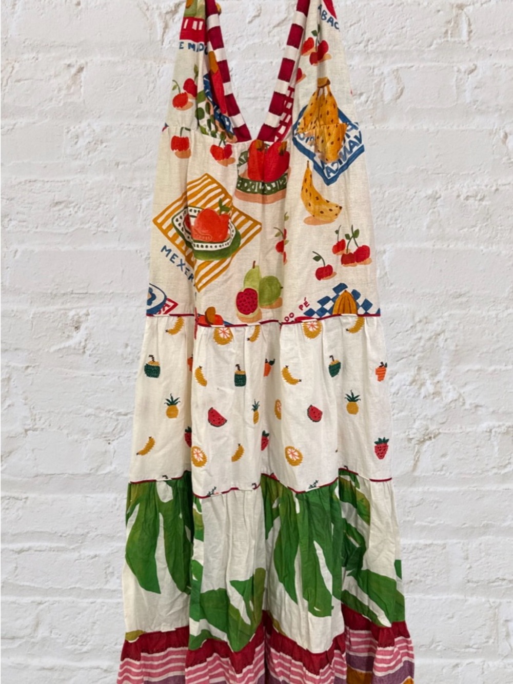 FARM Rio Cream Maxi Dress with Green Leaf & Red Fruit Print